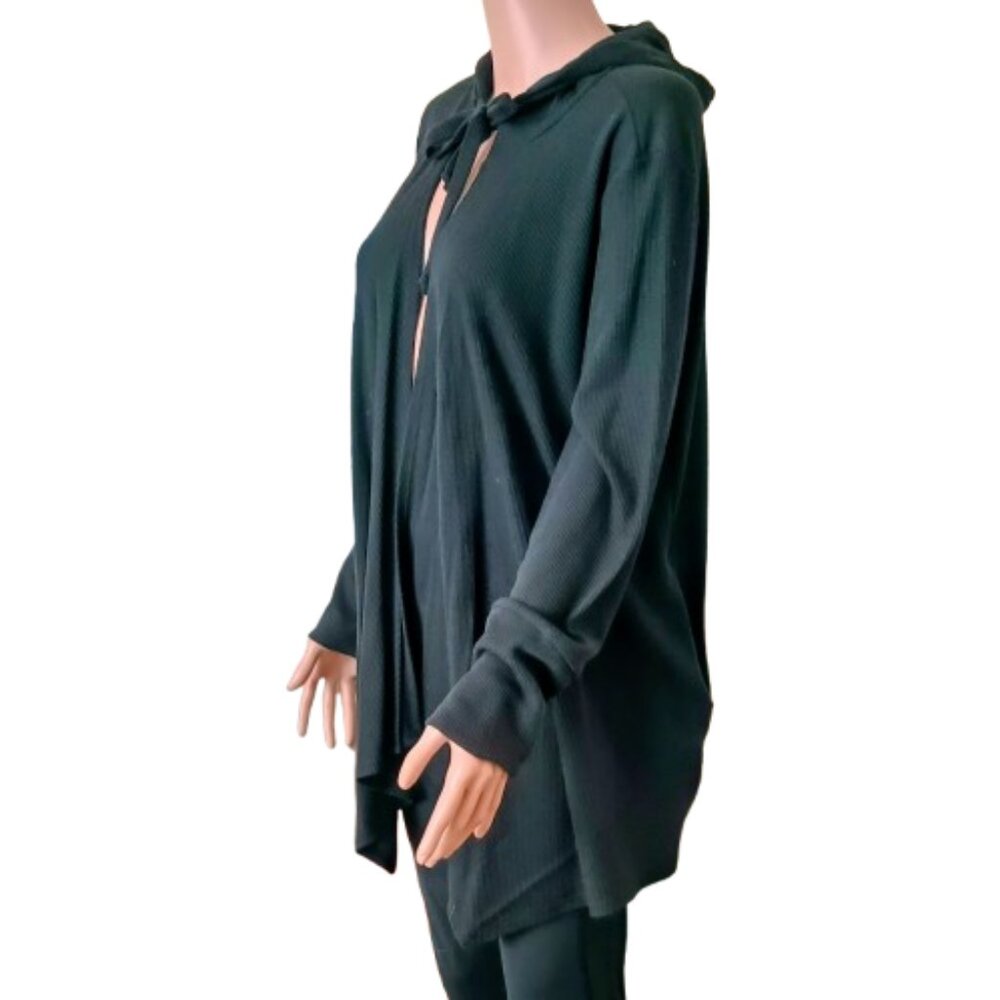 Honeyme Black Hooded Cardigan L Long Sleeve Lightweight Asymmetrical Sweater